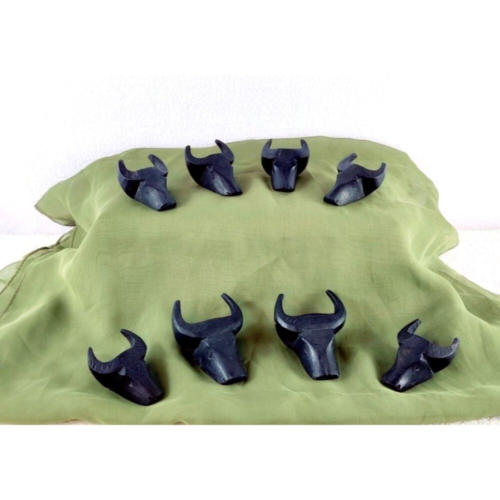 Water Buffalo Napkin Rings Hand Carved Hard Wood Black Set of 8 Vtg MCM Bull Hds